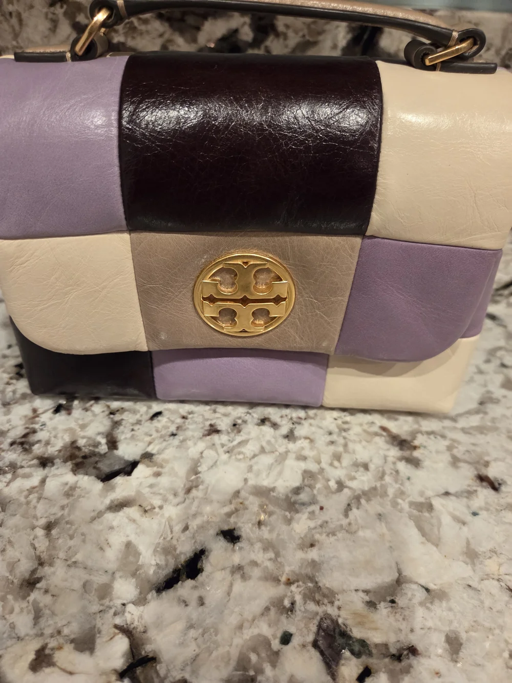 Tory Burch Patchwork Leather Shoulder Bag in Lavender, Cream & Brown